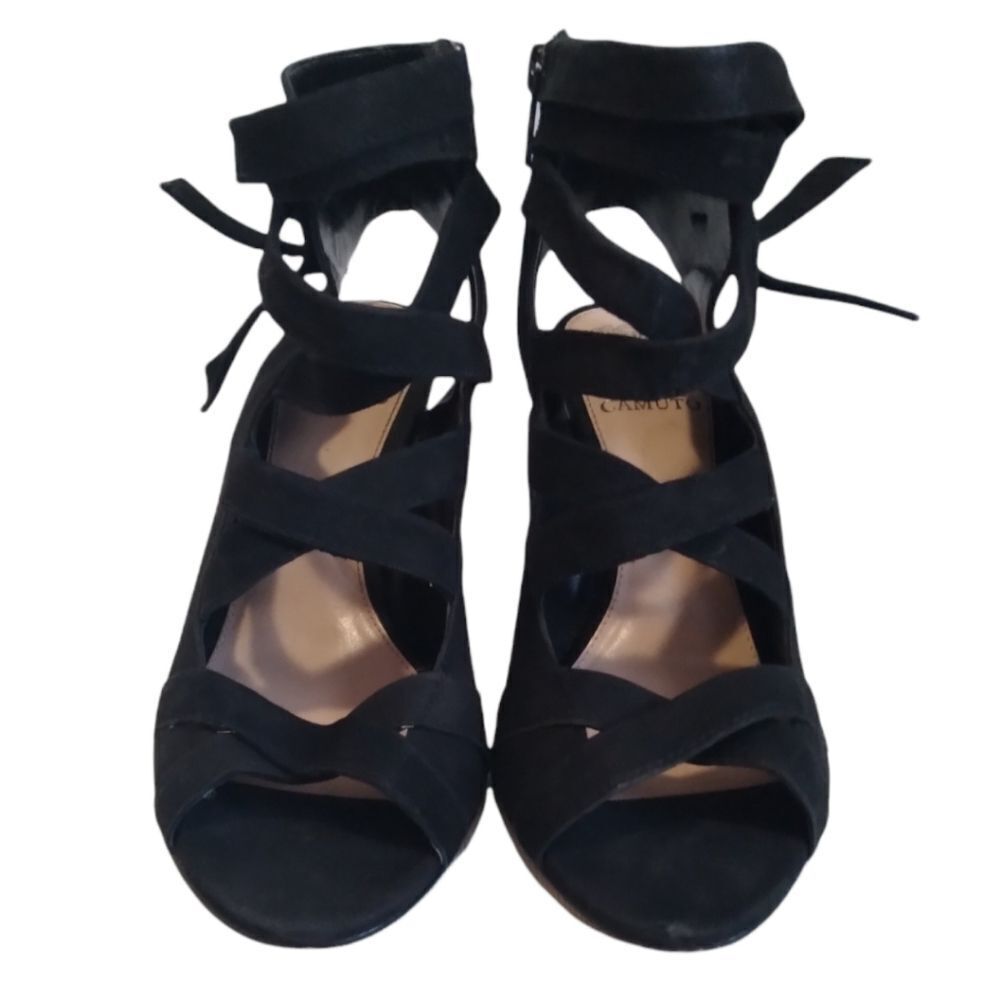 Vince Camuto Black Sammson Suede Leather Peep Toe Strappy Heel Sandal Women's 9